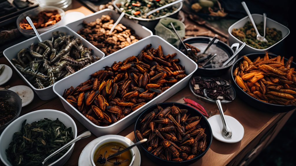 Ricca tavolata con misto di grilli e cavallette essiccate, fritte, lessate, speziate in scodelle dai gusti assortiti. Generato con intelligenza artificiale 300 DPI Reali(Illustrazione Generative AI)